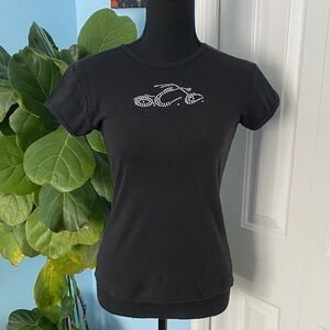 Vintage Y2K Bella Black T-Shirt with Rhinestone Motorcycle Design Made In U.S.A